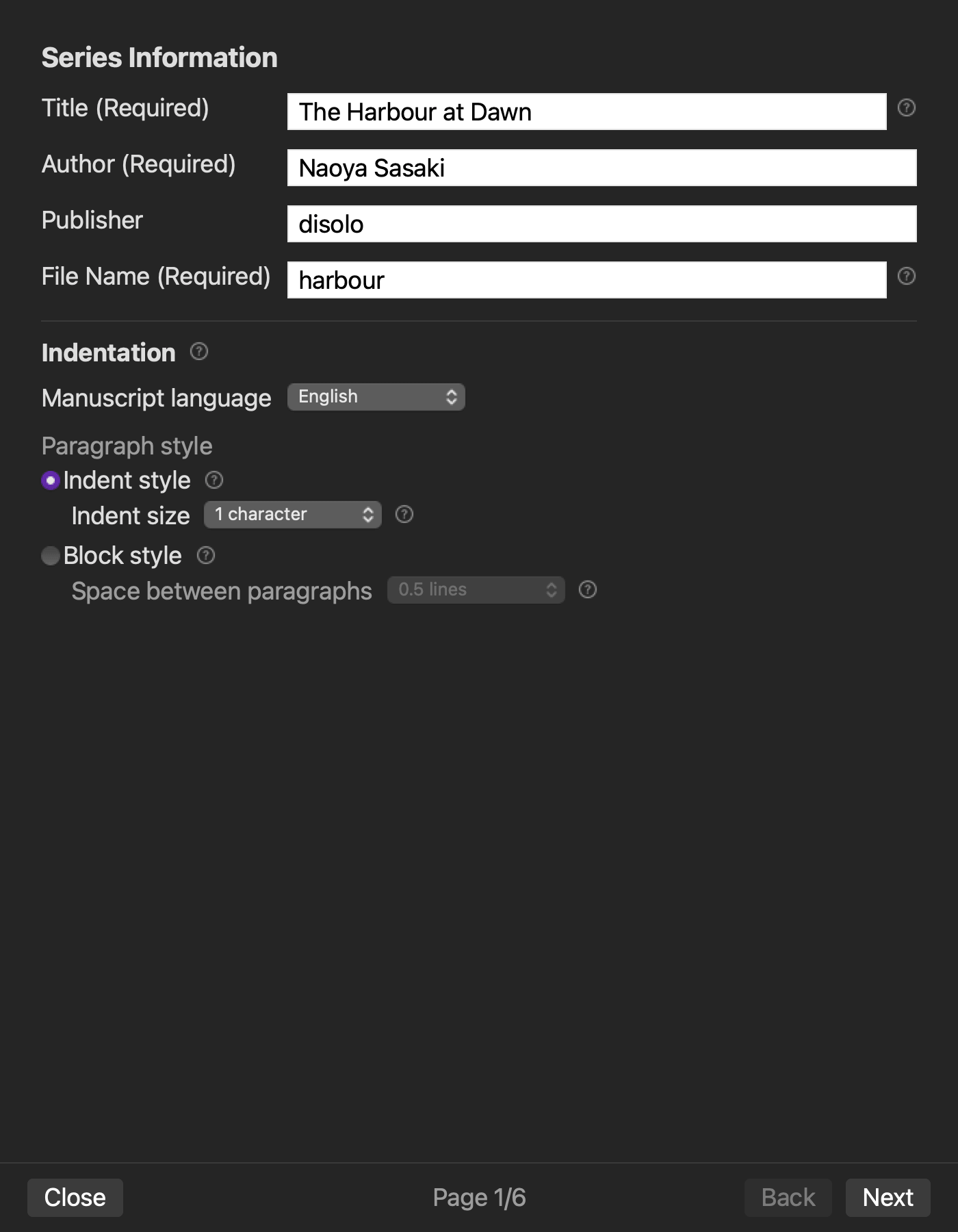 Rune Studio EPUB wizard series page with title, author, publisher, language and writing direction fields