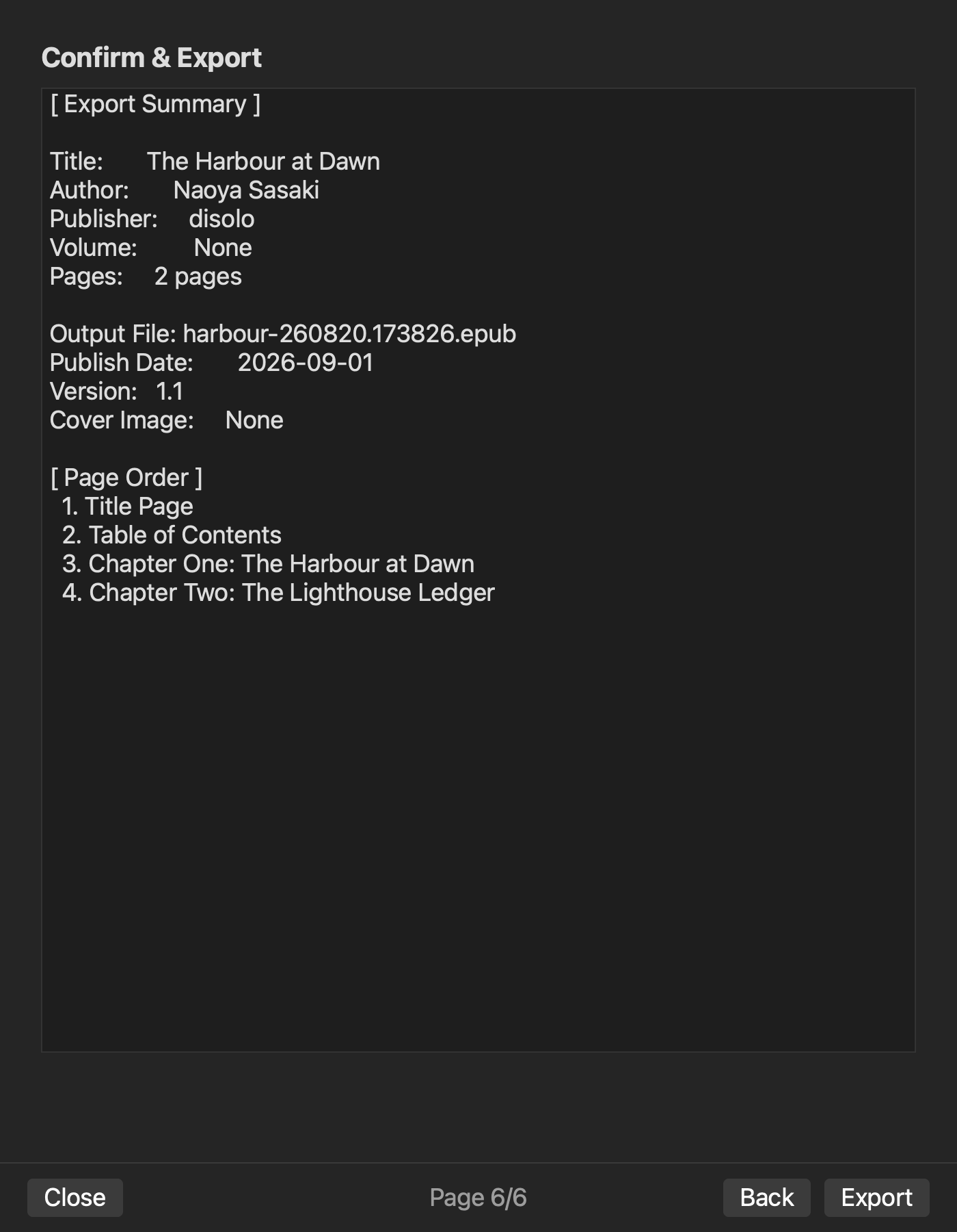 Rune Studio EPUB confirmation screen listing title, writing direction, page order, output file name and publish date