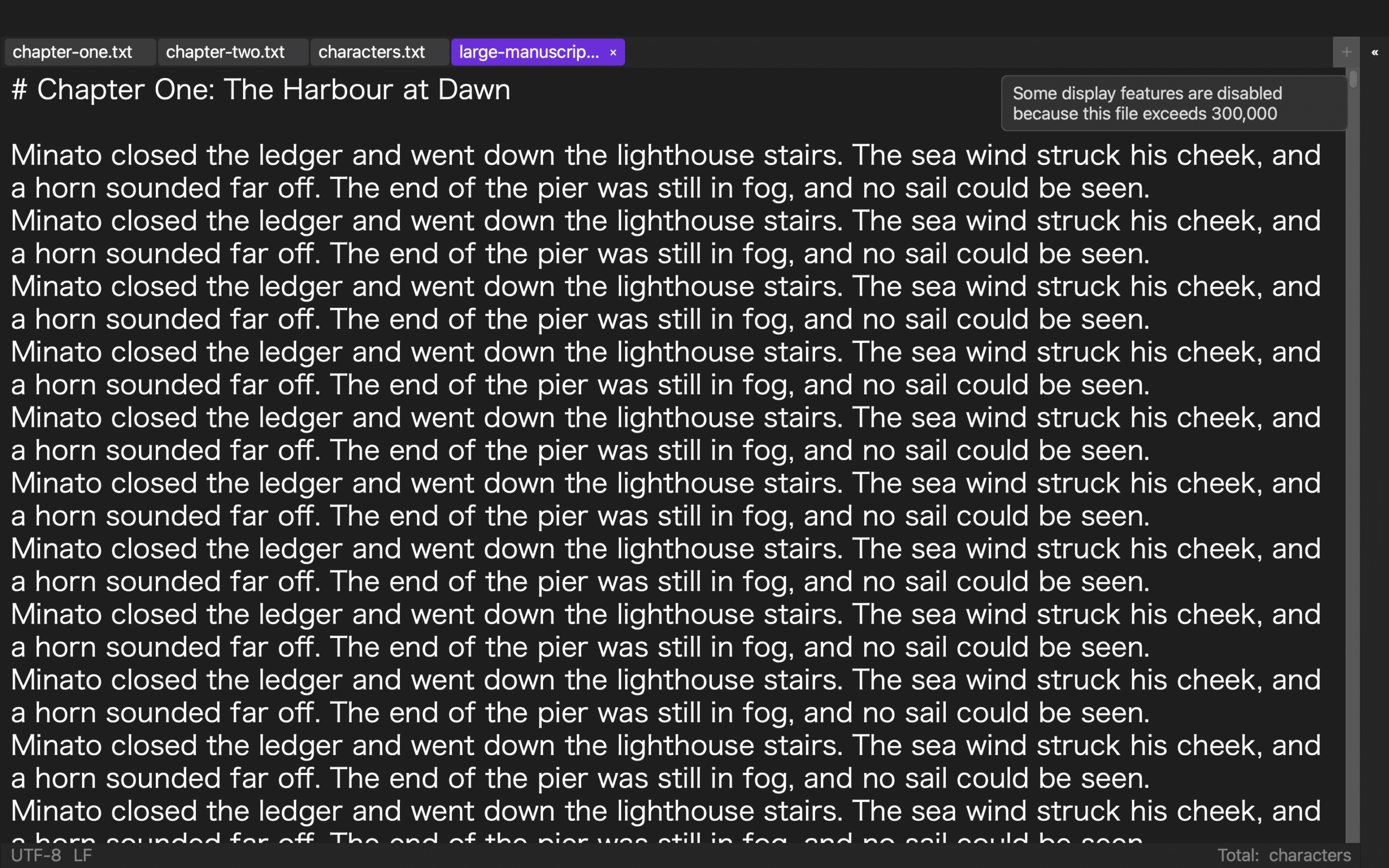 Rune Studio editor showing a notice that some display features are disabled because the file exceeds 300,000 characters