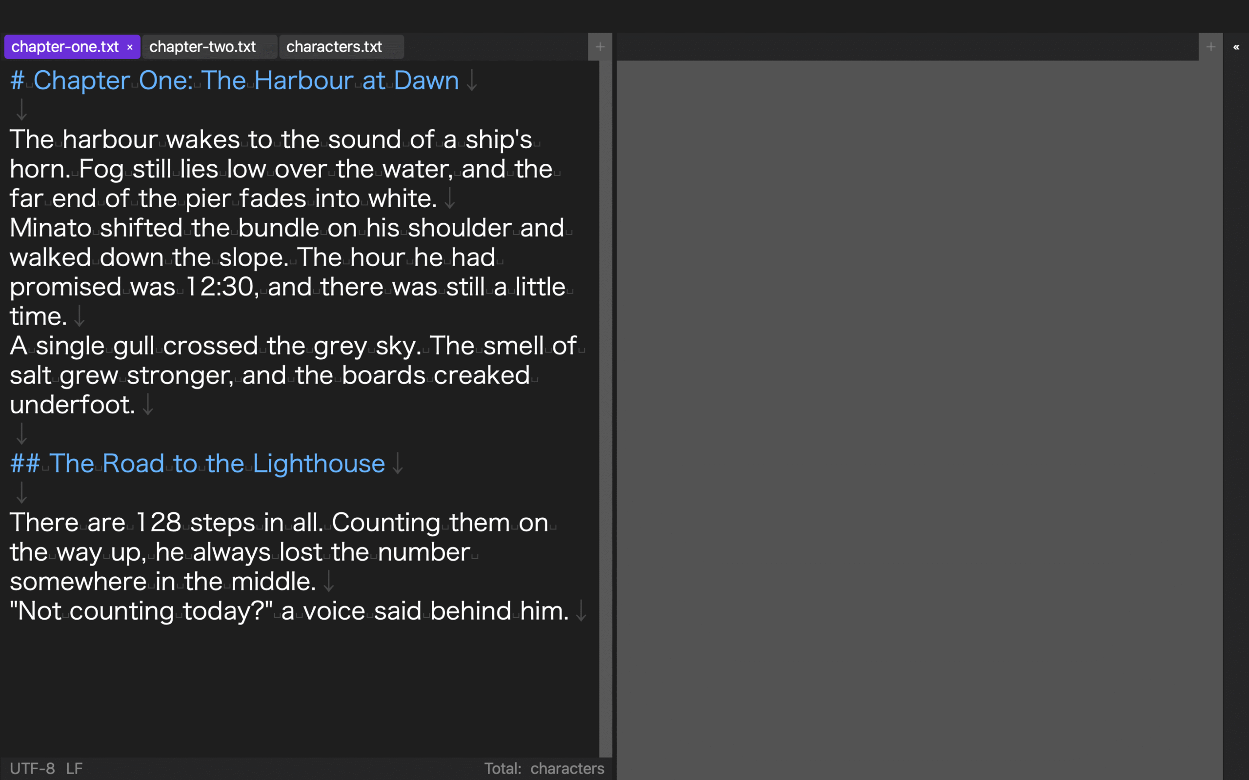 Rune Studio editor with the chapter on the left and reference notes on the right