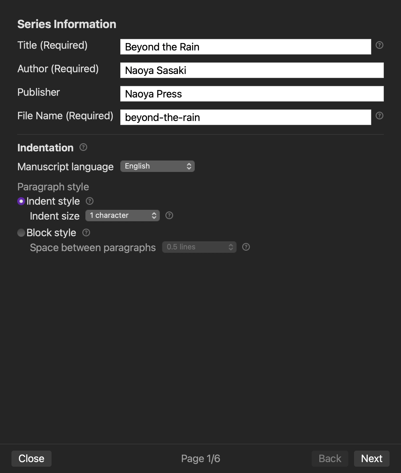 Rune Studio EPUB wizard page 1 in English for series information