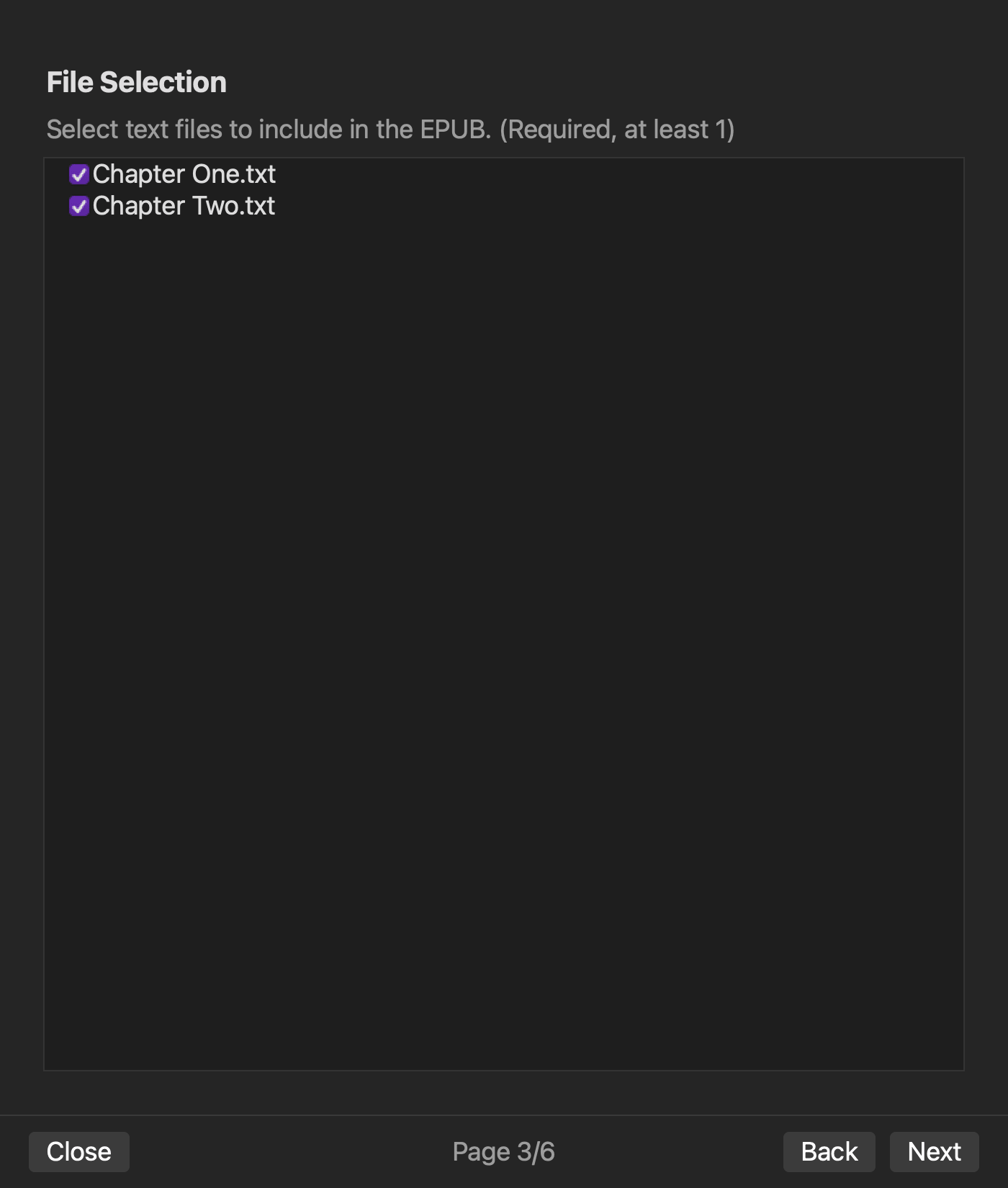 Rune Studio EPUB wizard page 3 with Chapter One txt and Chapter Two txt selected