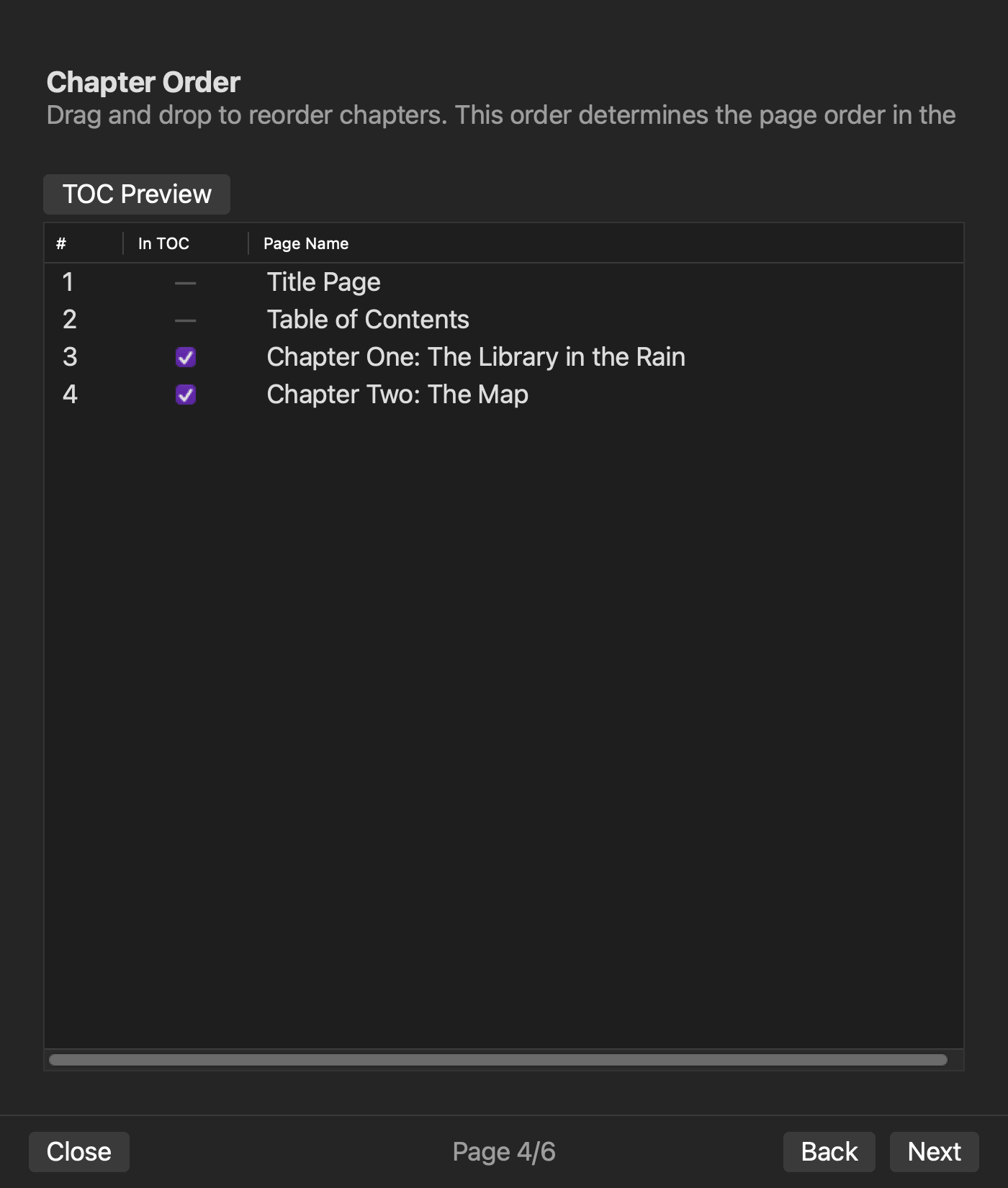 Rune Studio EPUB wizard page 4 showing title page table of contents and two chapters in order
