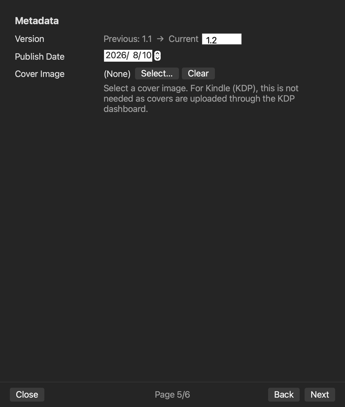 Rune Studio EPUB wizard page 5 in English for metadata