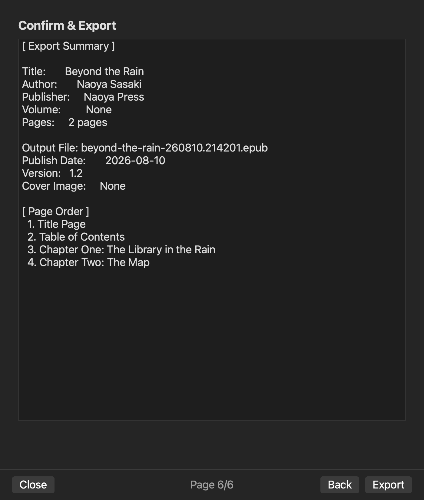 Rune Studio EPUB confirmation screen listing the title, author, output file, and chapter order