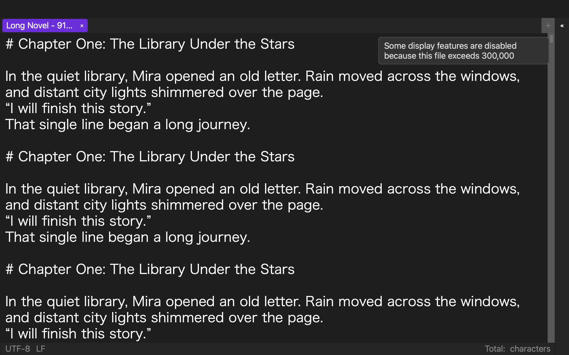 Rune Studio in English with a 919,514-character novel open and a notice that some display features are disabled above 300,000 characters