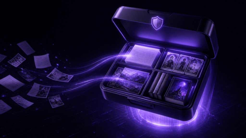 Scattered chapters, notes, images, and outputs are organized into one protected novel project container
