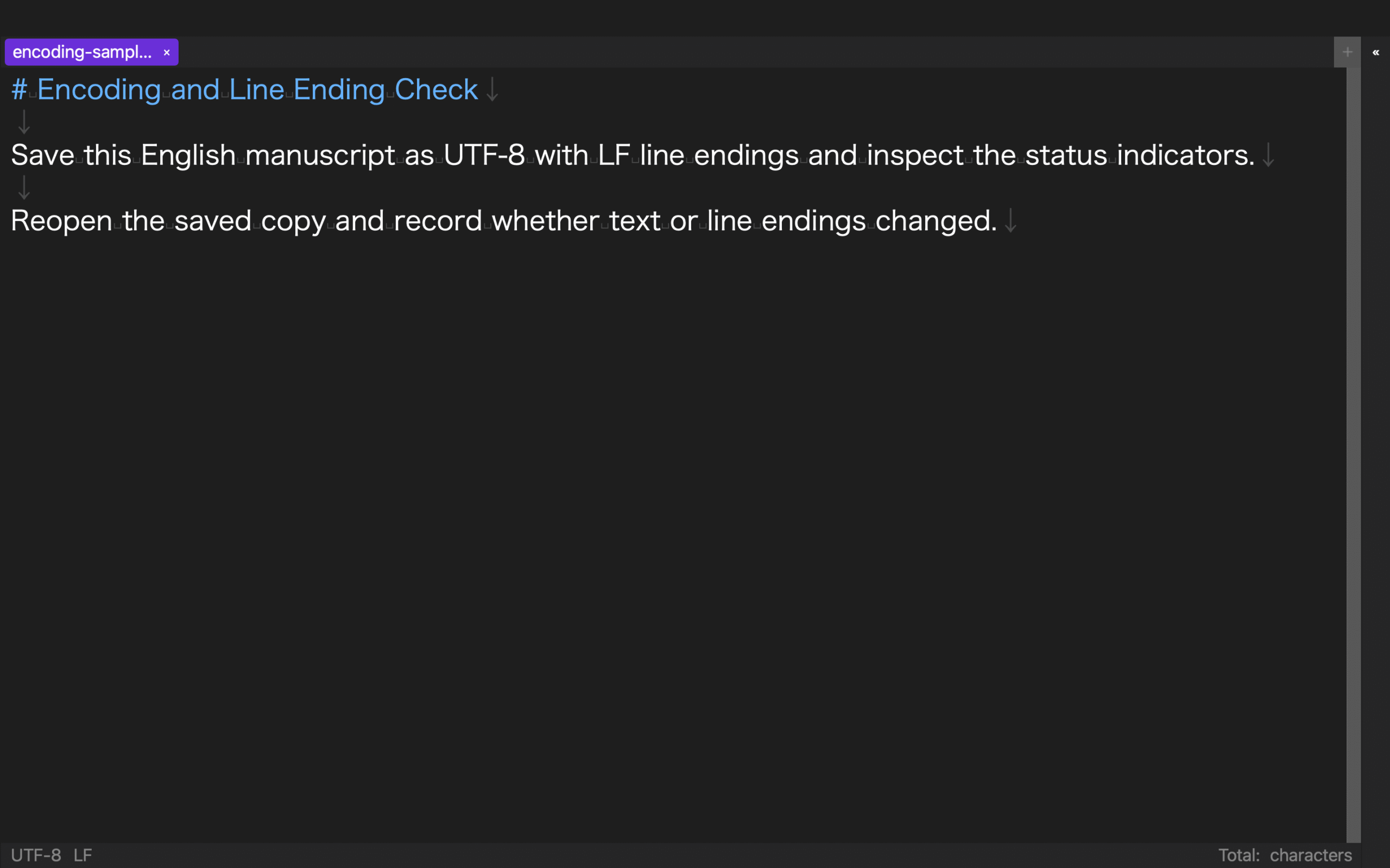 Rune Studio editor showing an English test manuscript with UTF-8 and LF in the status bar