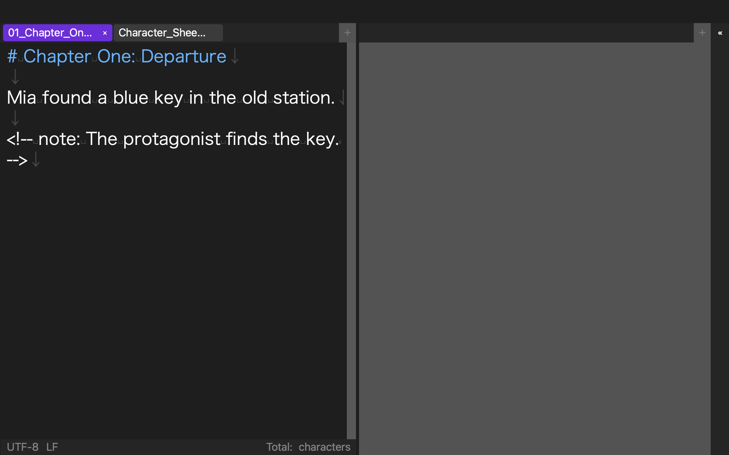 Rune Studio two-column view with Chapter One on the left and an empty reference region on the right