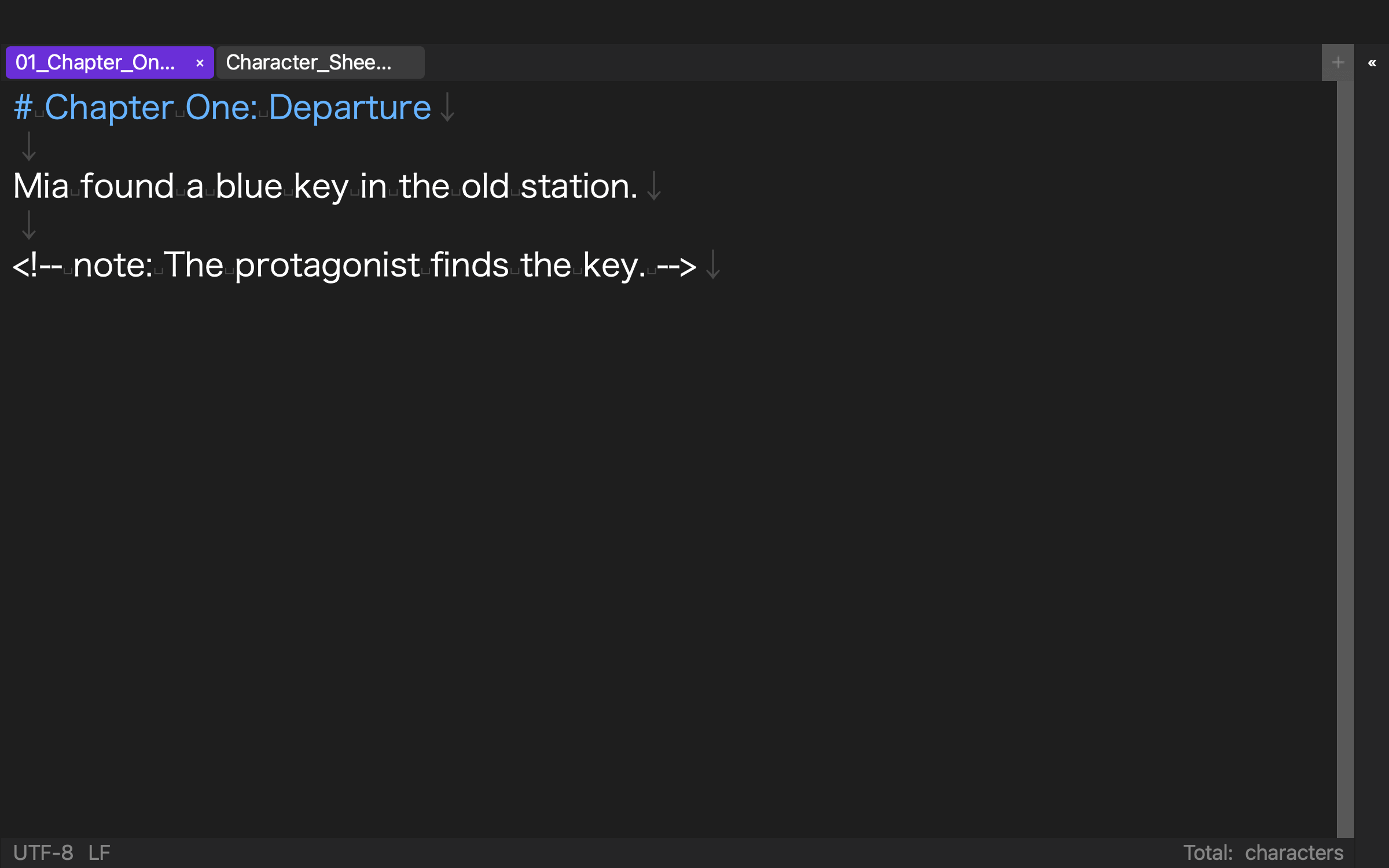 Rune Studio English editor showing Chapter One in a single full-width editing region