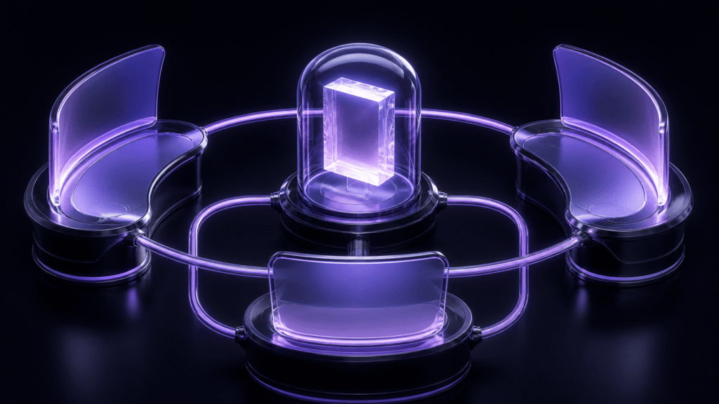 Three production roles connect to one authoritative source through visible handoff and return paths