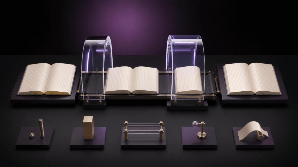 Five abstract typesetting specimens accompany a right-opening vertical book through two inspection passes