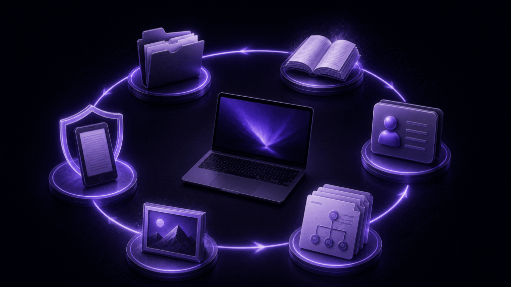 Six connected stages loop around a Mac device from manuscript to a validated ebook