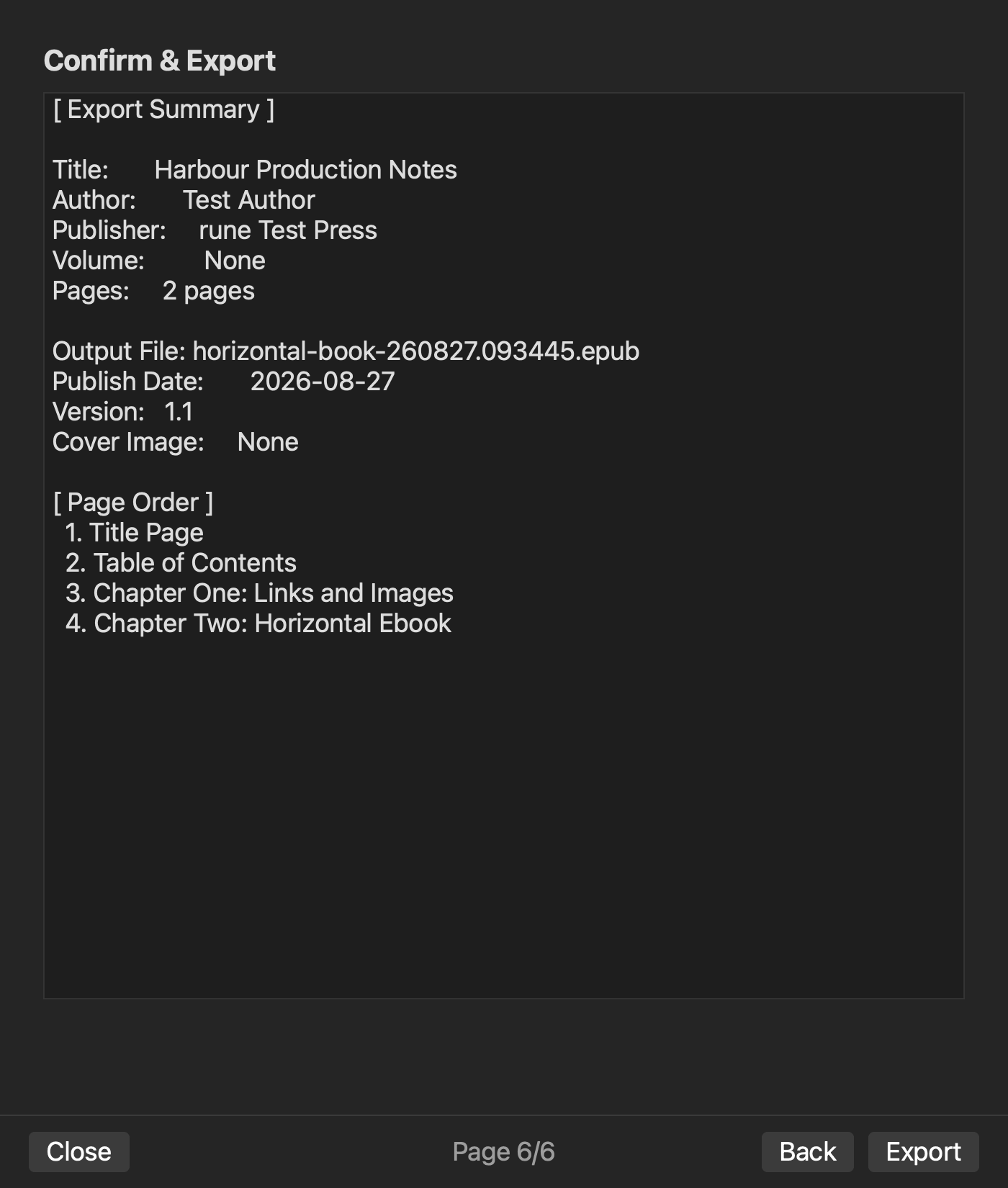 The pre-export screen showing metadata, page order, and a horizontal-book output filename for a workspace configured as horizontal
