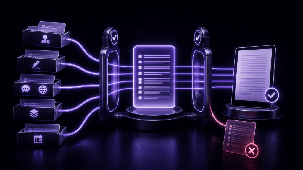 Five metadata groups flow through a master record and validation gates into a completed EPUB