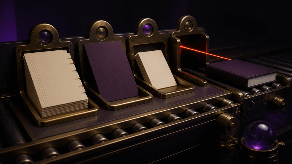 A missing production component activates a stop barrier before an EPUB book can leave the assembly line