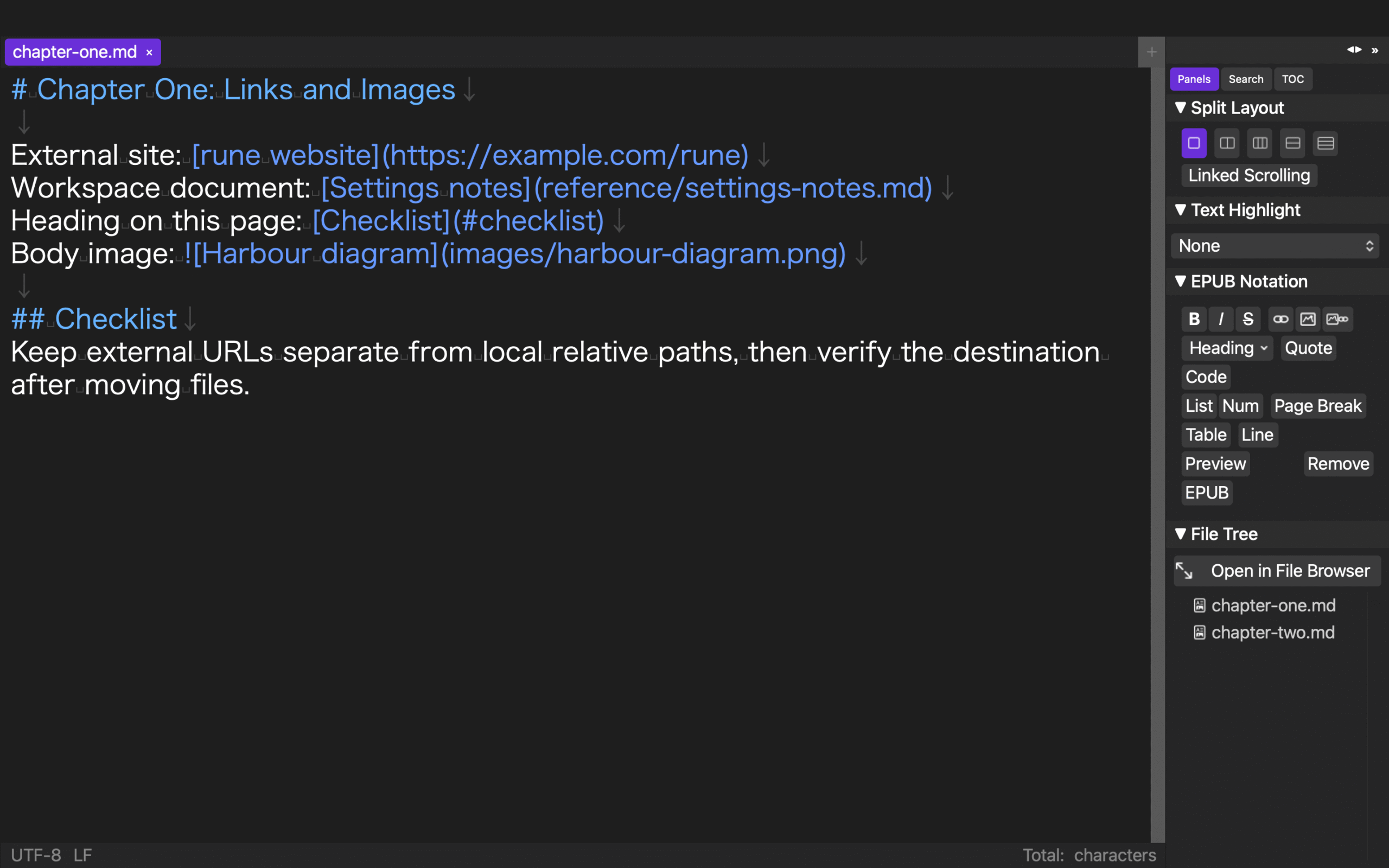 An editor view containing an external URL, a workspace document link, a heading link, and a relative image path in one test manuscript