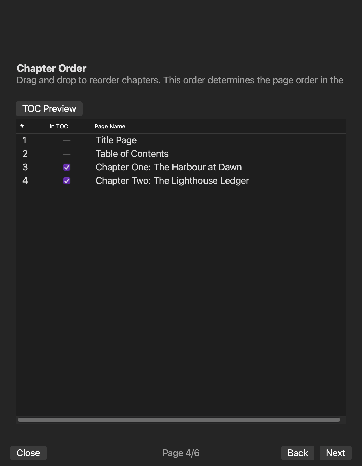 The EPUB screen showing title page, table of contents, chapter order, and per-chapter TOC inclusion