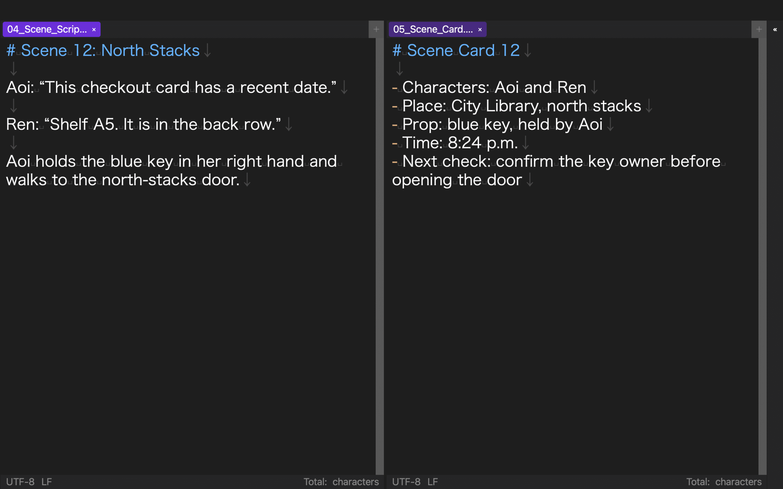 rune Studio showing a scene script on the left and its scene card on the right