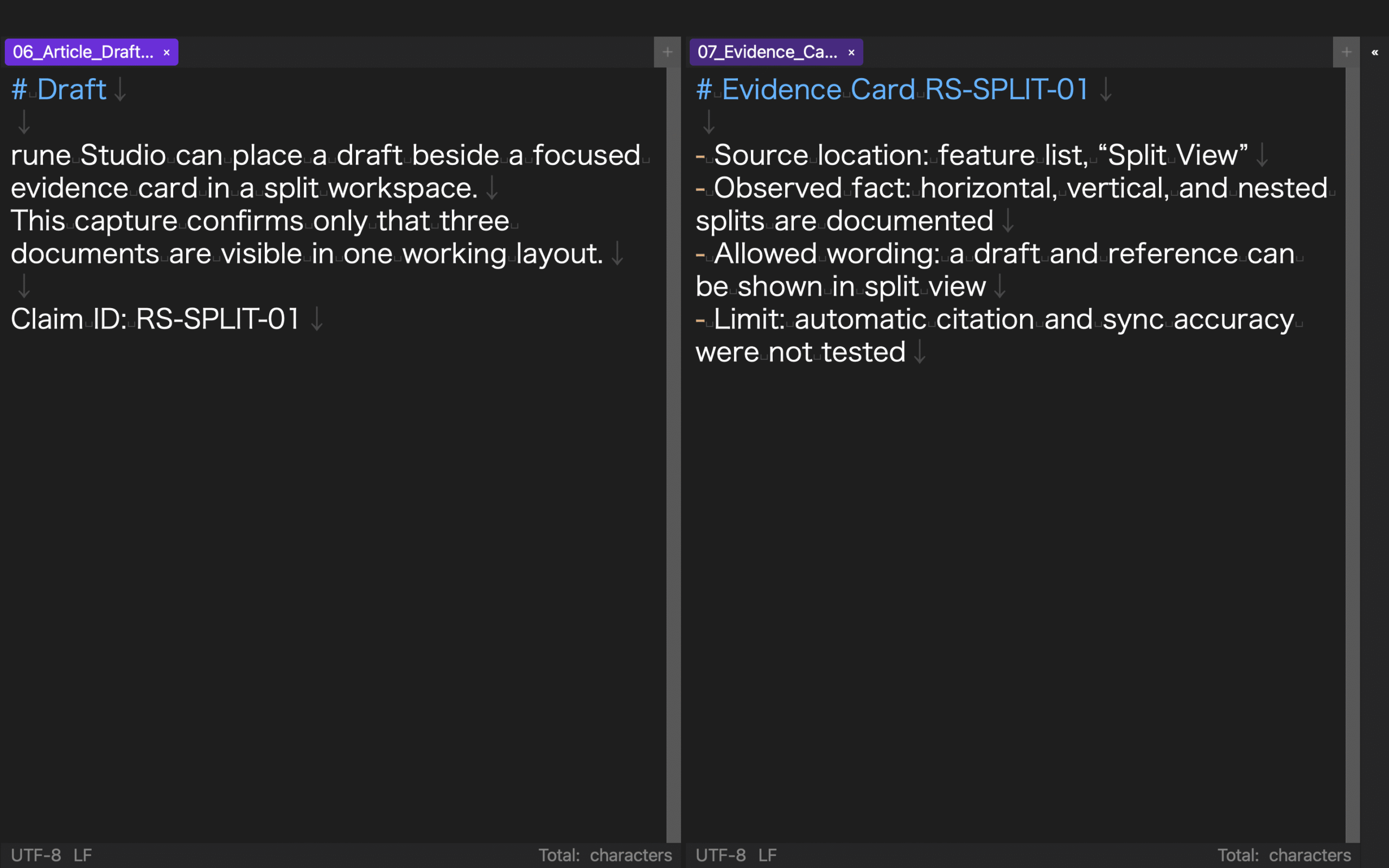 rune Studio showing an article draft on the left and an evidence card on the right