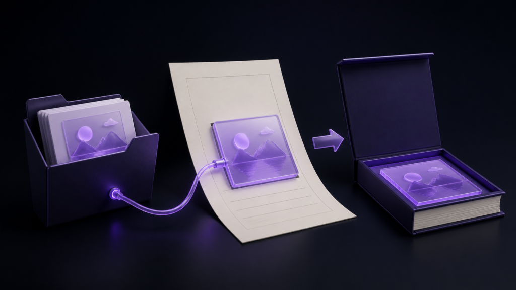 An illustration enters a marked manuscript slot and remains linked through EPUB packaging