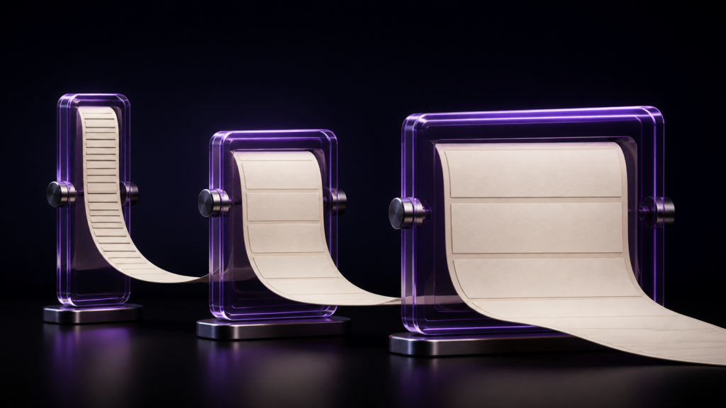 The same manuscript ribbon rewraps across narrow and wide reading frames