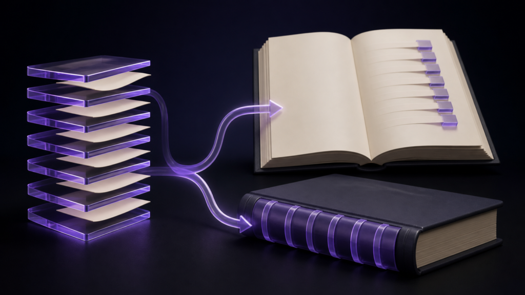 One chapter stack feeds both a visible contents page and a hidden navigation structure