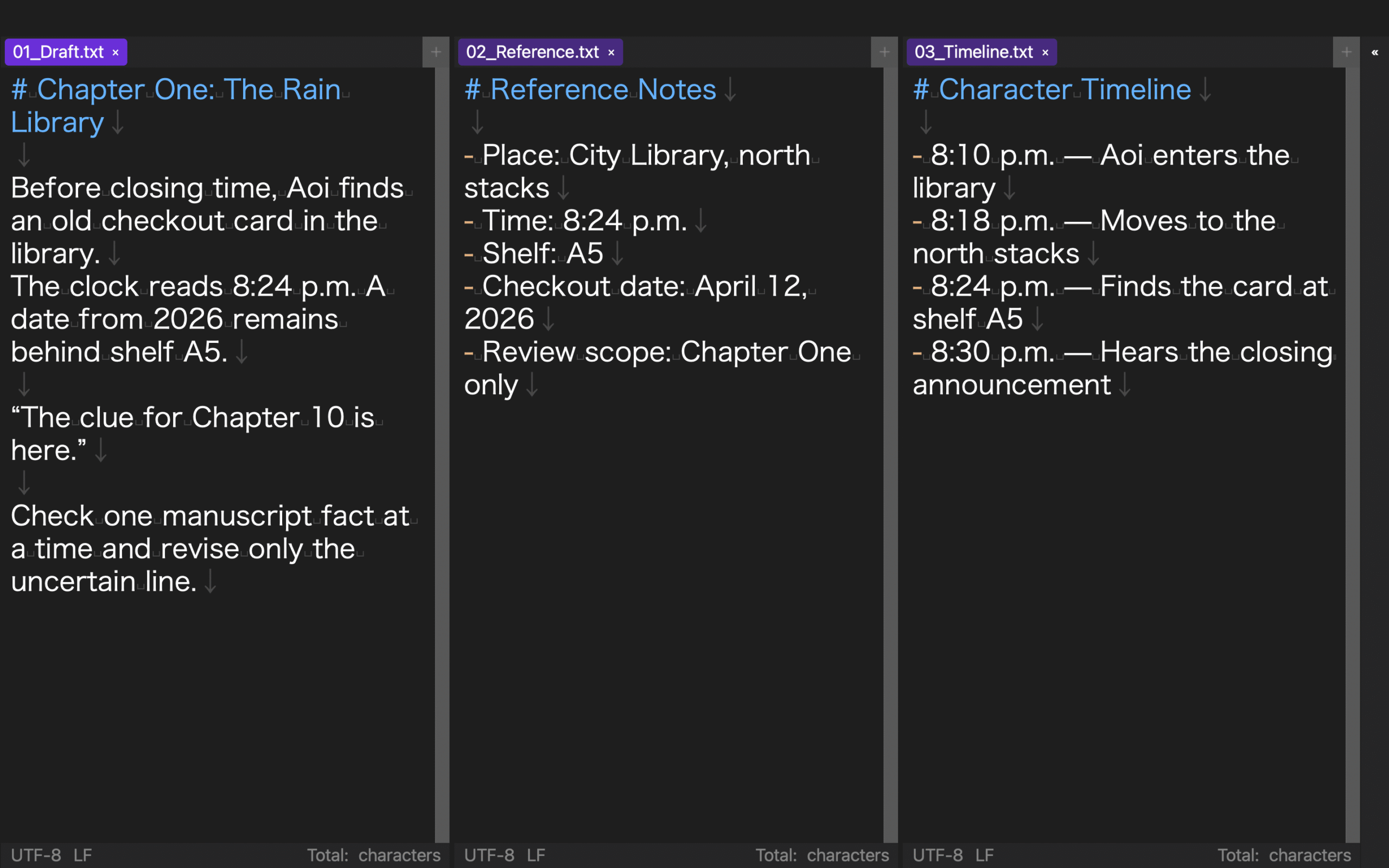 An editing screen with manuscript, reference notes, and timeline visible in three columns