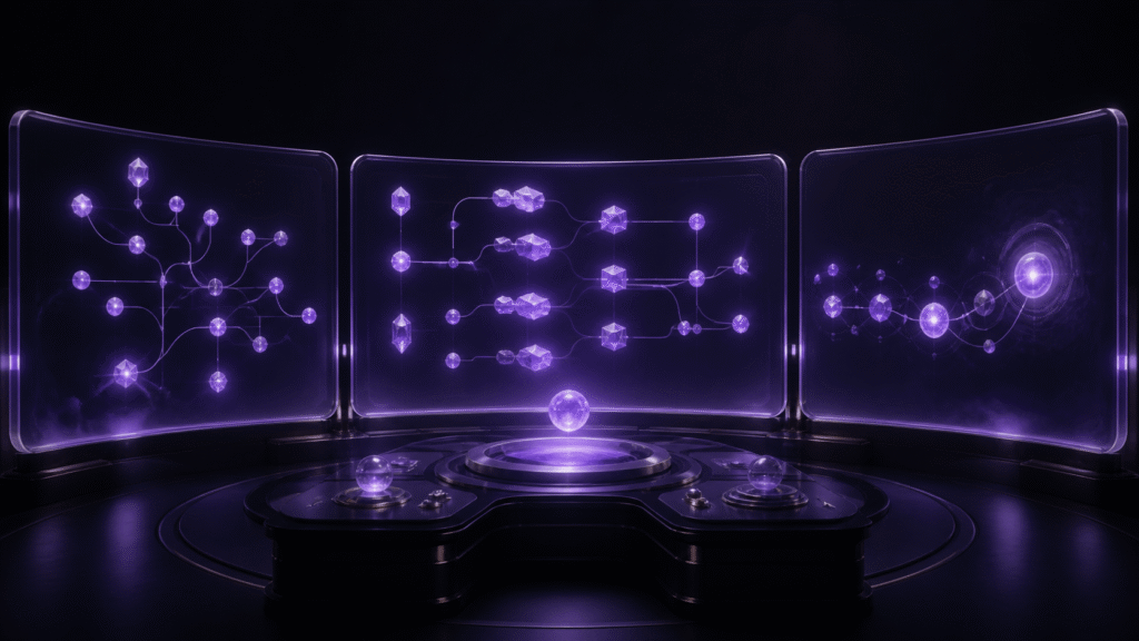 Three screens separate branching structure, script assembly, and playback verification