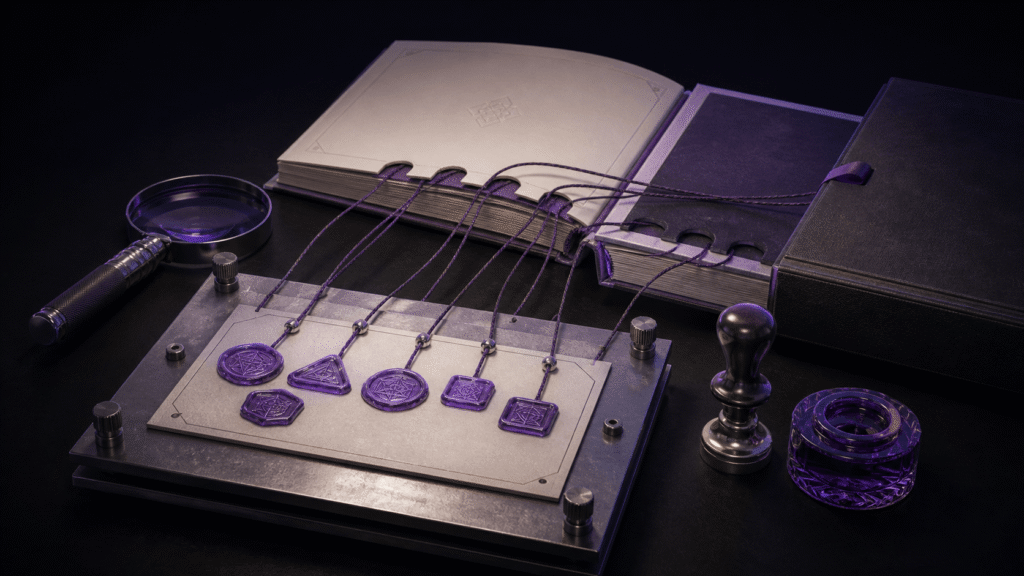 An abstract editorial scene showing how to keep publication and series data on one source card and reconcile the matching OPF fields