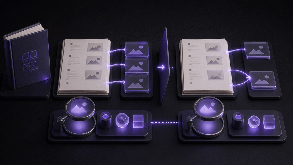 An abstract editorial scene showing how to keep image references repairable from source and run the same inspection on first and rebuilt EPUBs
