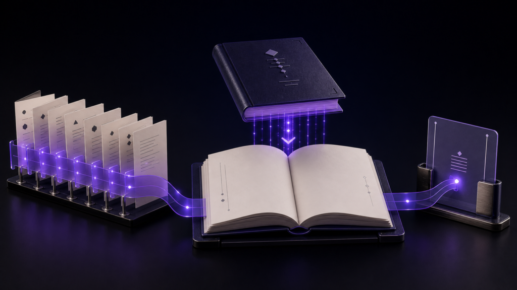 An abstract editorial scene showing chapter pages, navigation, a cover, and a colophon assembled into one EPUB ebook