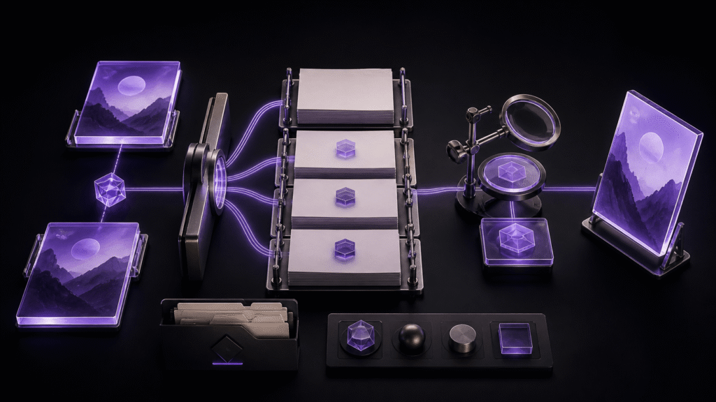 An abstract editorial scene showing how to separate the cover from body images and verify settings, manifest entry, cover designation, and display