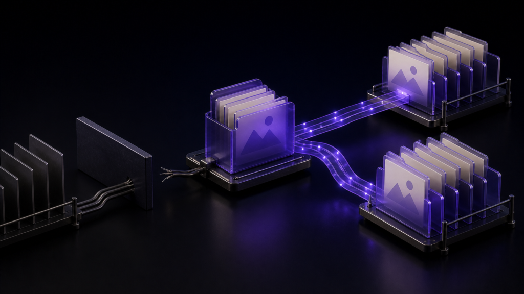 An abstract editorial 3D still life illustrating Move Images Without Breaking Relative Paths in a Text Editor Project