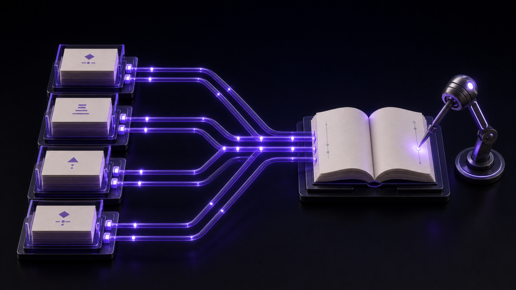 nav・NCXの論理目次の工程を、原稿・検査装置・完成物の言語中立な3D静物で抽象的に示したアイキャッチ