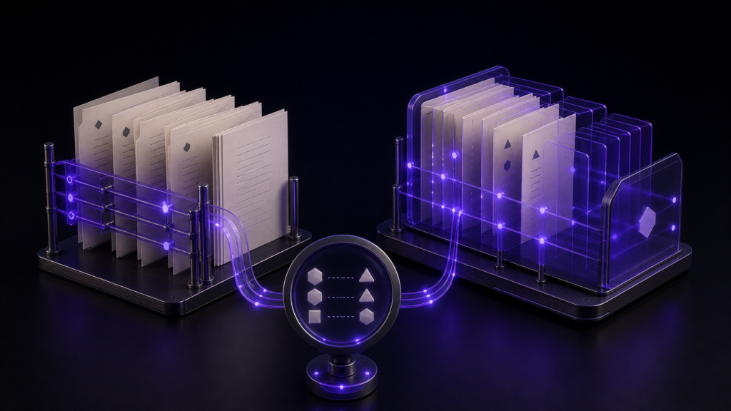 EPUB 2とEPUB 3の違いの工程を、原稿・検査装置・完成物の言語中立な3D静物で抽象的に示したアイキャッチ