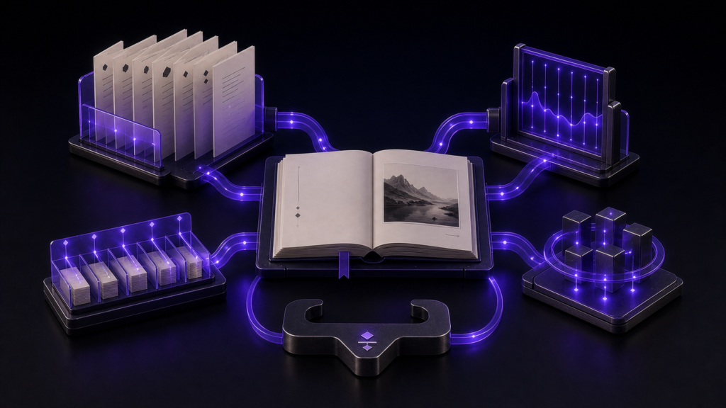 EPUB制作で見る条件の工程を、原稿・検査装置・完成物の言語中立な3D静物で抽象的に示したアイキャッチ