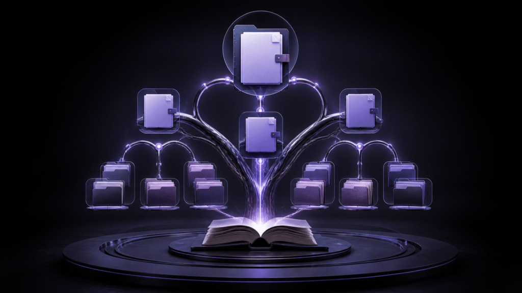 Chapters, sections, and reference folders organized in one hierarchy