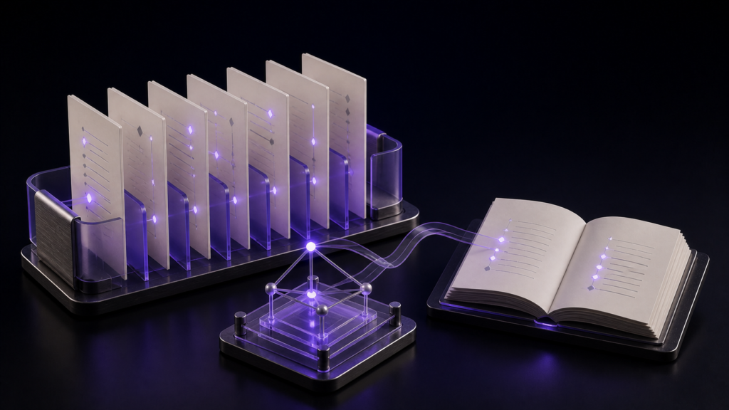 電子書籍用のルビ記法の工程を、原稿・検査装置・完成物の言語中立な3D静物で抽象的に示したアイキャッチ