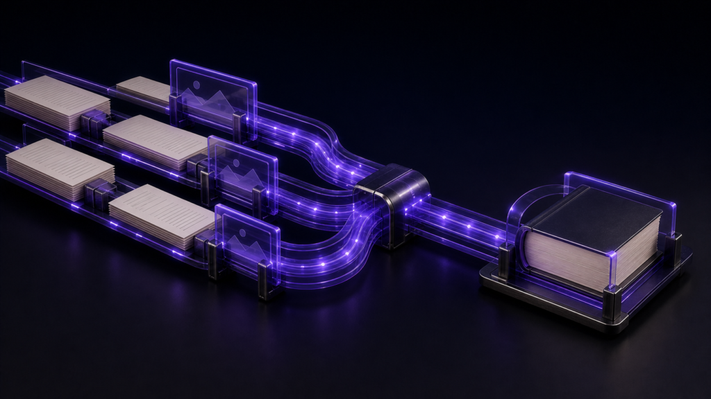 An abstract editorial 3D still life illustrating Turn a Manuscript into an EPUB with Images Without Breaking Paths
