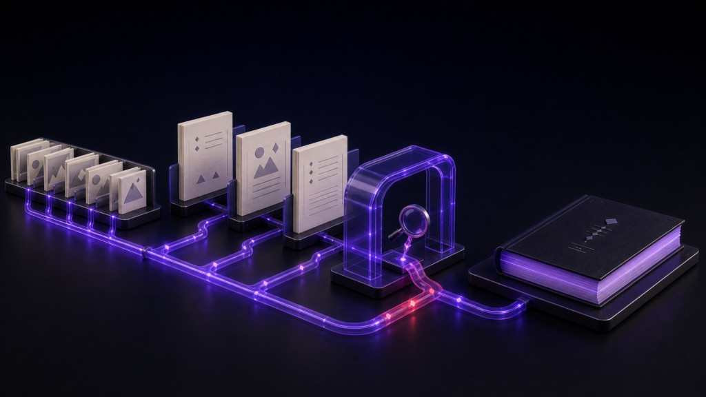 An abstract editorial 3D still life illustrating Make an EPUB with Images Without Carrying Broken Links into Export