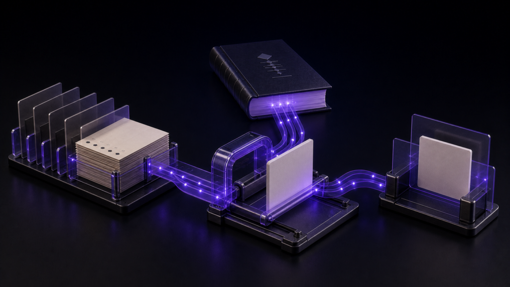 An abstract editorial 3D still life illustrating Keep EPUB Illustration Paths Valid After Moving Manuscript Assets
