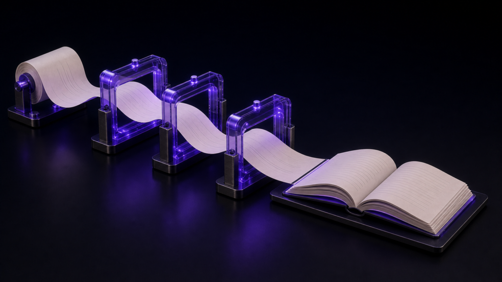 An abstract editorial 3D still life illustrating Prepare a Horizontal Reflowable KDP Format Without Fixed Layout Assumptions