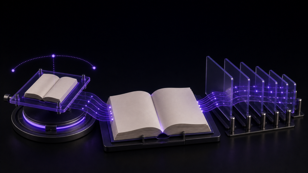 An abstract editorial 3D still life illustrating Choose a Horizontal Reflowable KDP Format by Testing Reading Order