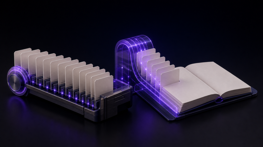 An abstract editorial 3D still life illustrating Build a KDP Table of Contents with nav and NCX in the Same Order