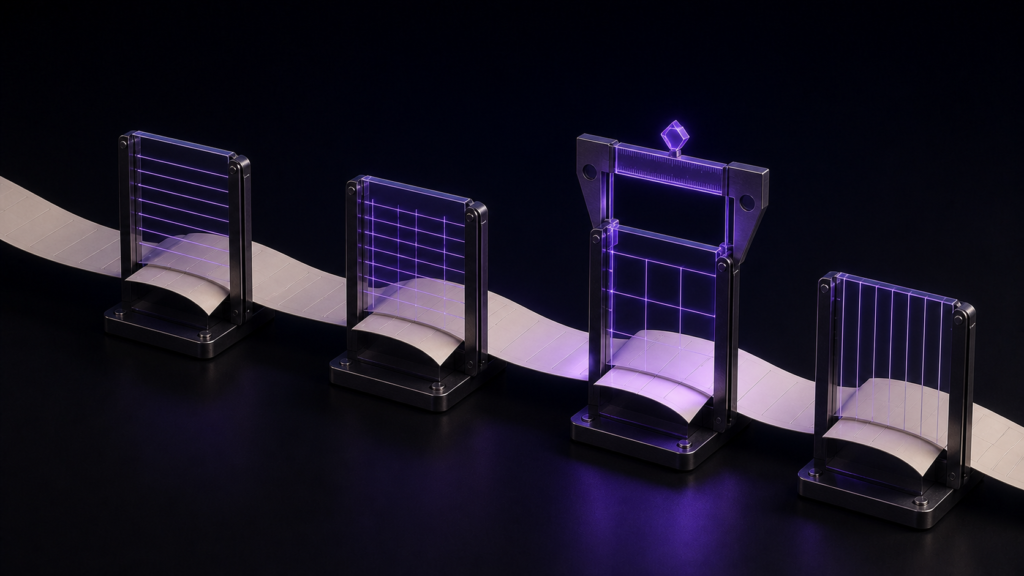 An abstract editorial 3D still life illustrating Choose a Japanese Monospace Font by Testing Actual Manuscript Details