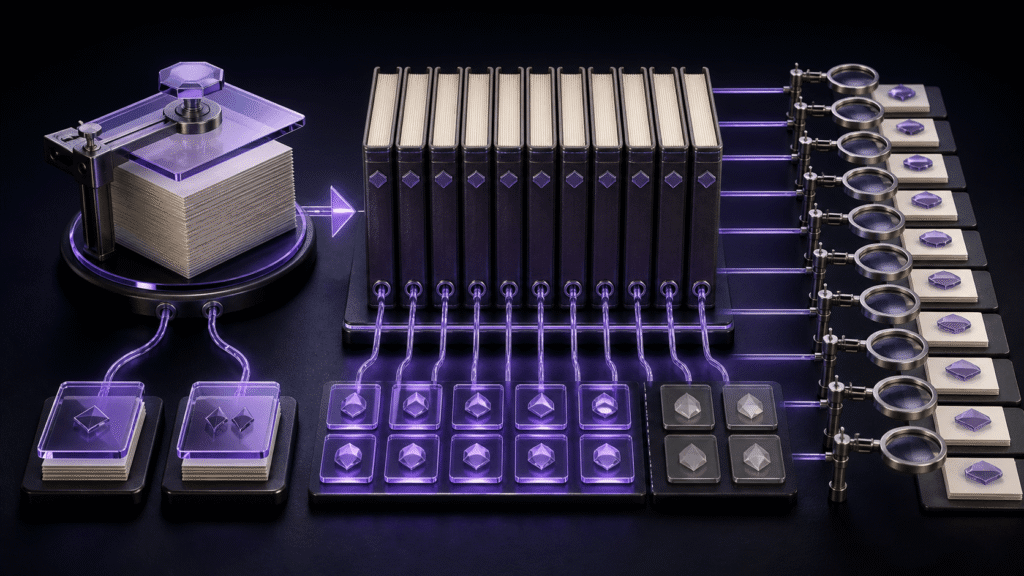 An abstract editorial scene showing how to freeze the target files and expected counts before searching multiple files, then review results per file