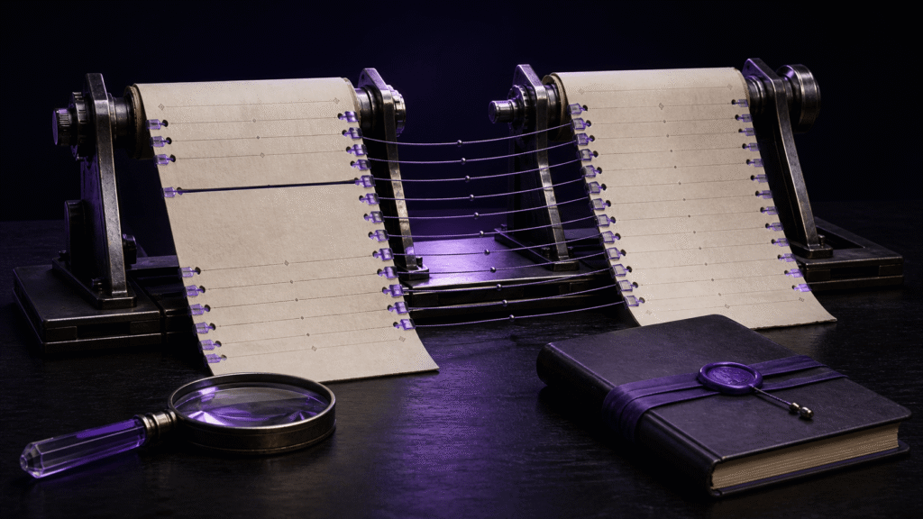 An abstract editorial scene showing how to place identical scene headings in the script and breakdown sheet so alignment survives unequal scene lengths