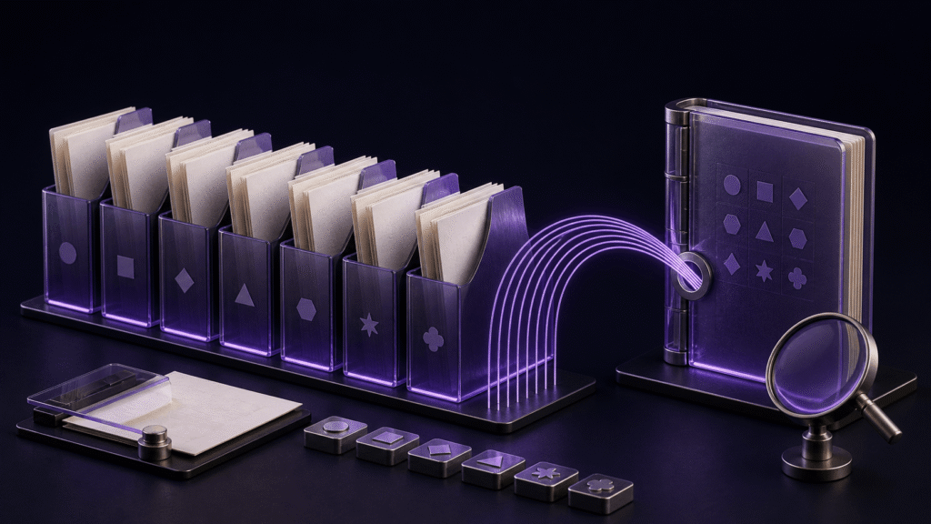 An abstract editorial scene showing how to store one local diary file per day under stable date names and return through a monthly index